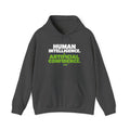 Dark Heather Hoodie featuring "Human Intelligence. Artificial Confidence." AI humor design by AIronic, gallery view 7