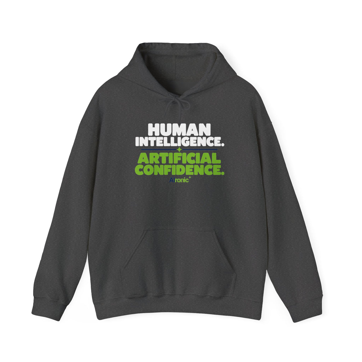 Dark Heather Hoodie featuring "Human Intelligence. Artificial Confidence." AI humor design by AIronic, gallery view 7
