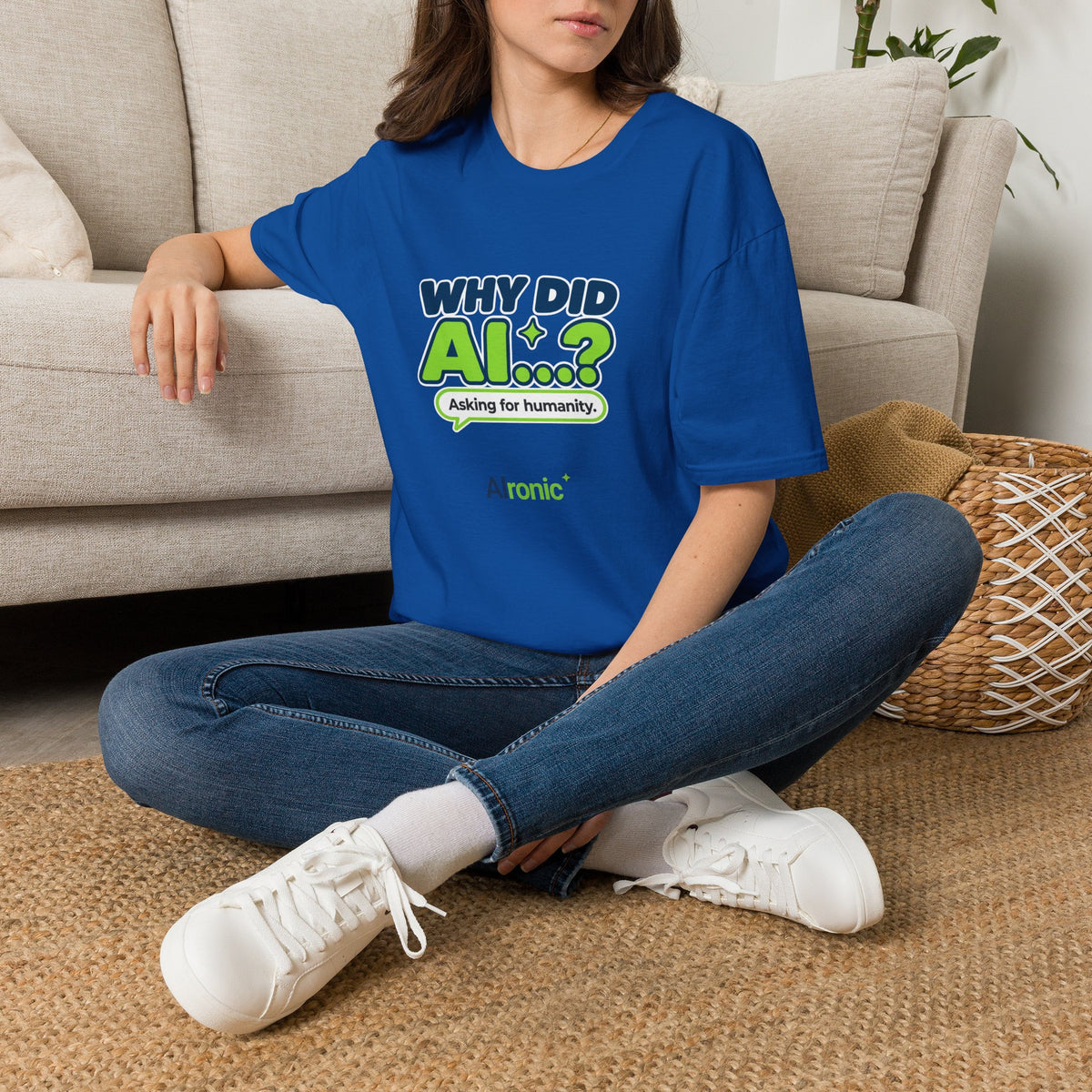 Royal T-shirt featuring “Why did AI...?” AI humor design by AIronic, catalog view 1