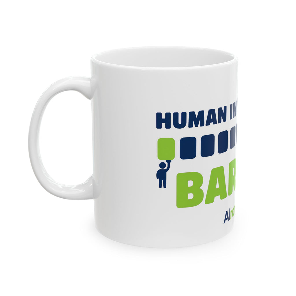 Mug featuring "Human in the Loop. Barely." AI humor design by AIronic, gallery view 4
