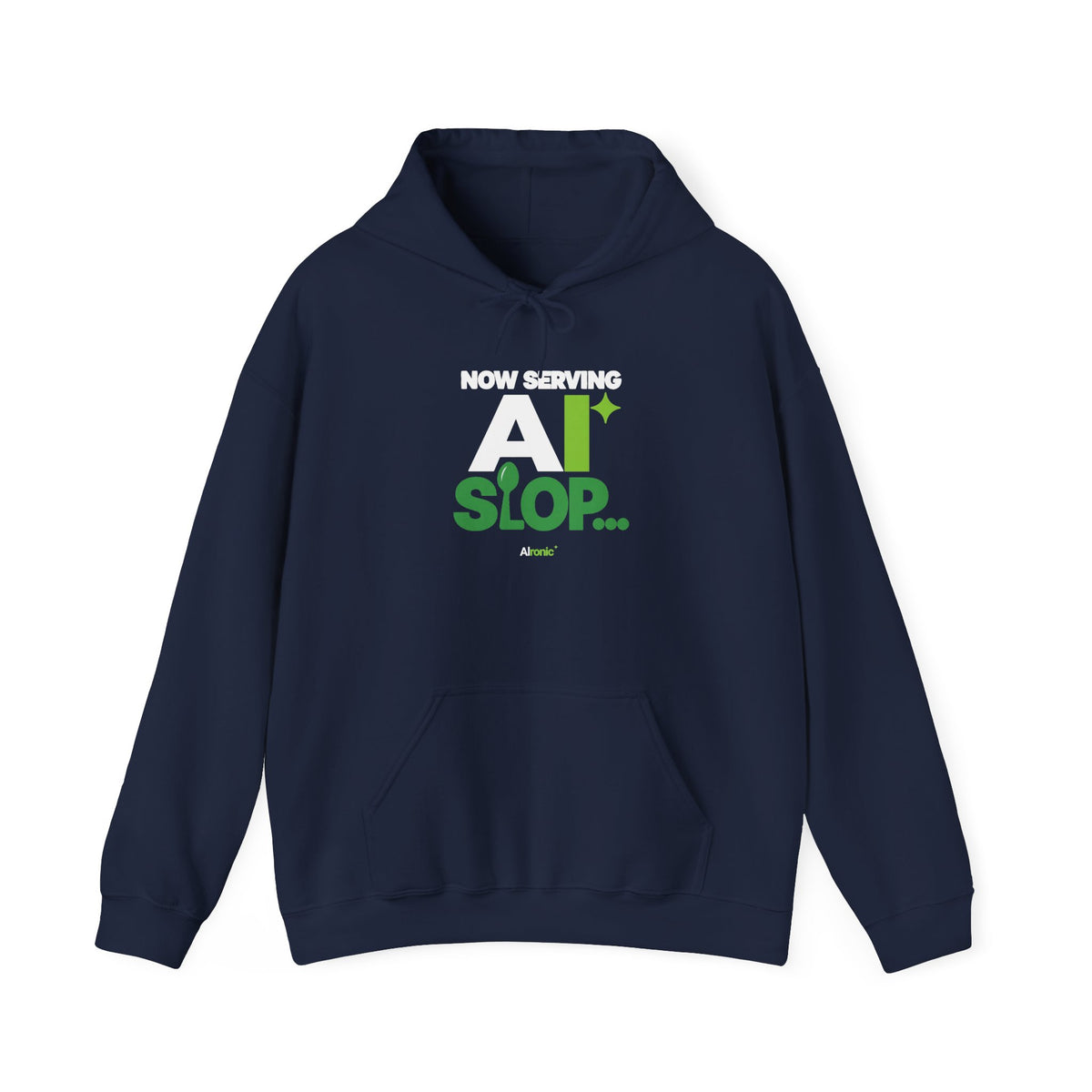 AIronic hoodie featuring "Now Serving AI Slop" AI humor design, gallery view 10