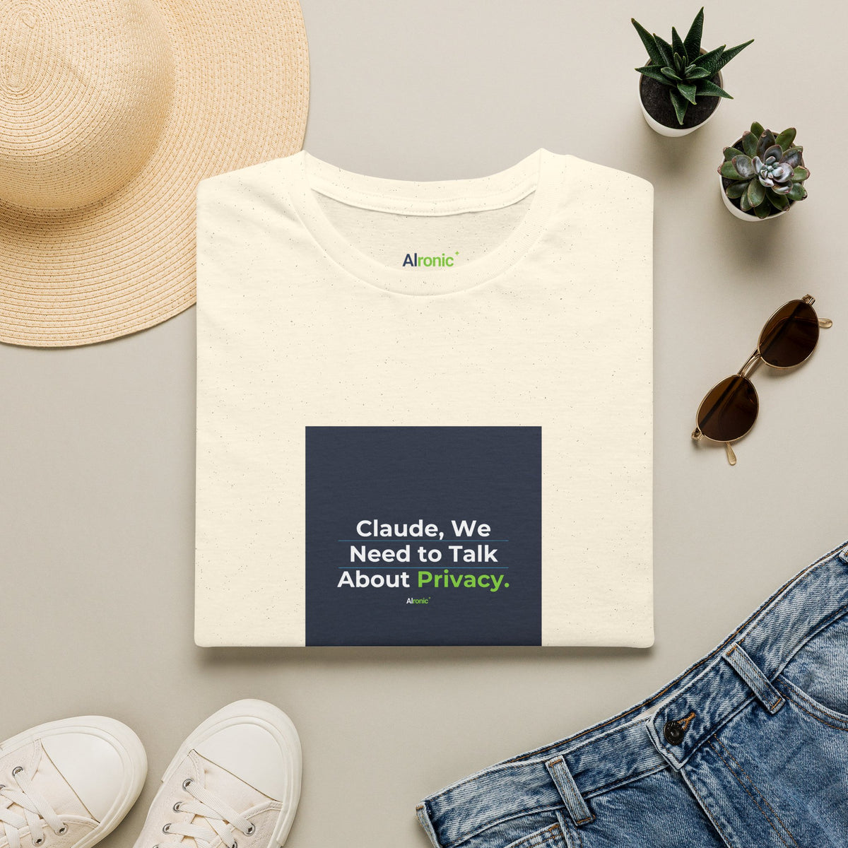 Natural T-Shirt featuring "Claude Privacy" AI humor design by AIronic, gallery view 6