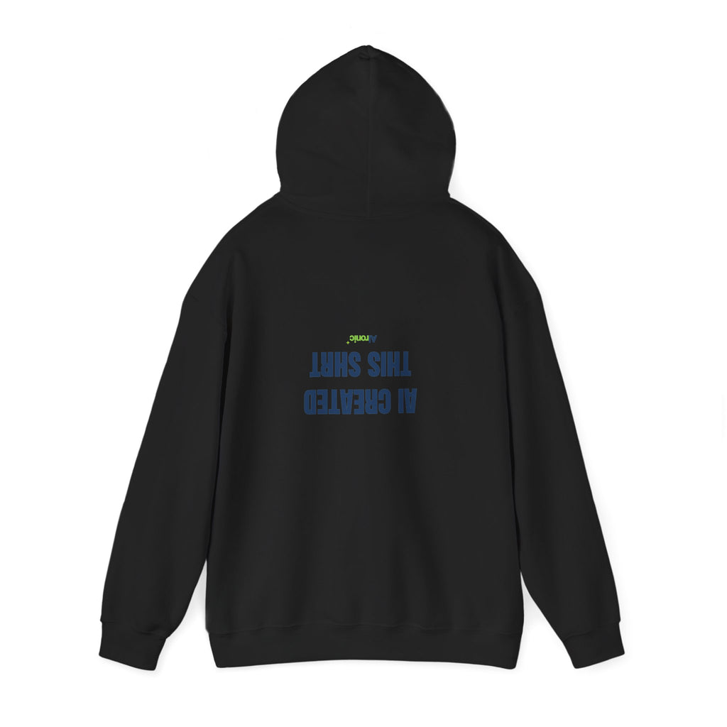 Maroon hoodie featuring minimal “AI created this shirt” AI humor design by AIronic, catalog view 2
