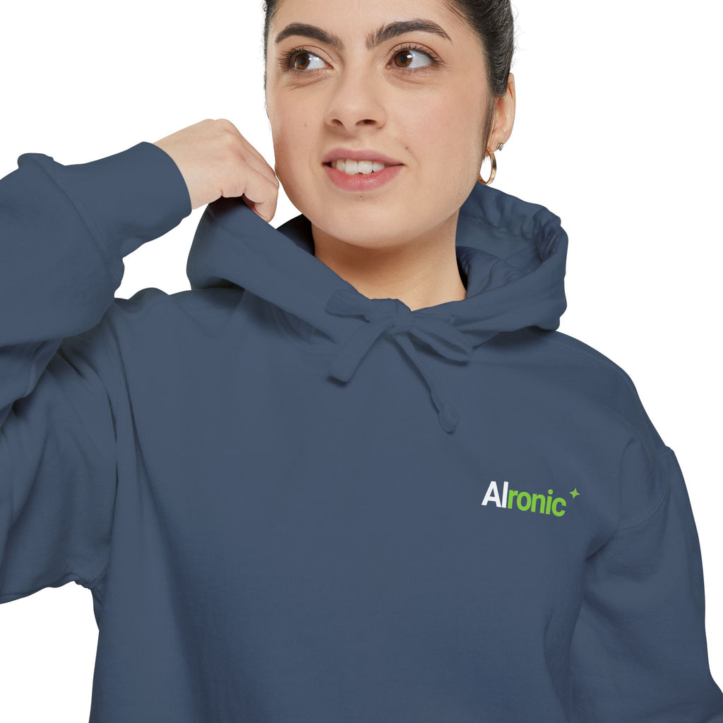 Flo Blue hoodie featuring “I asked AI. AI asked why” AI humor design by AIronic, catalog view 4