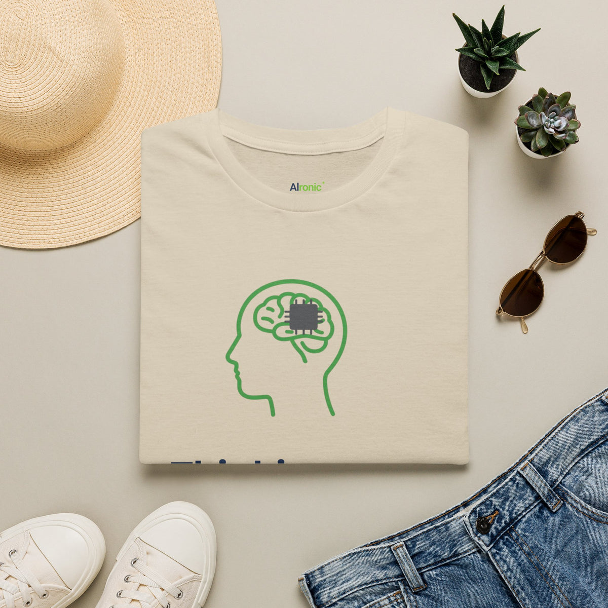 Sand T-Shirt featuring "Thinking Subscription" AI humor design by AIronic, gallery view 3