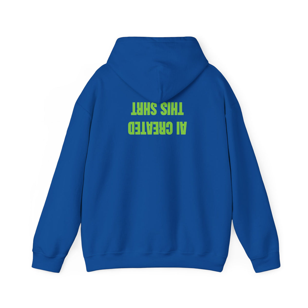 Navy hoodie featuring “AI created this shirt” AI humor design by AIronic, catalog view 3