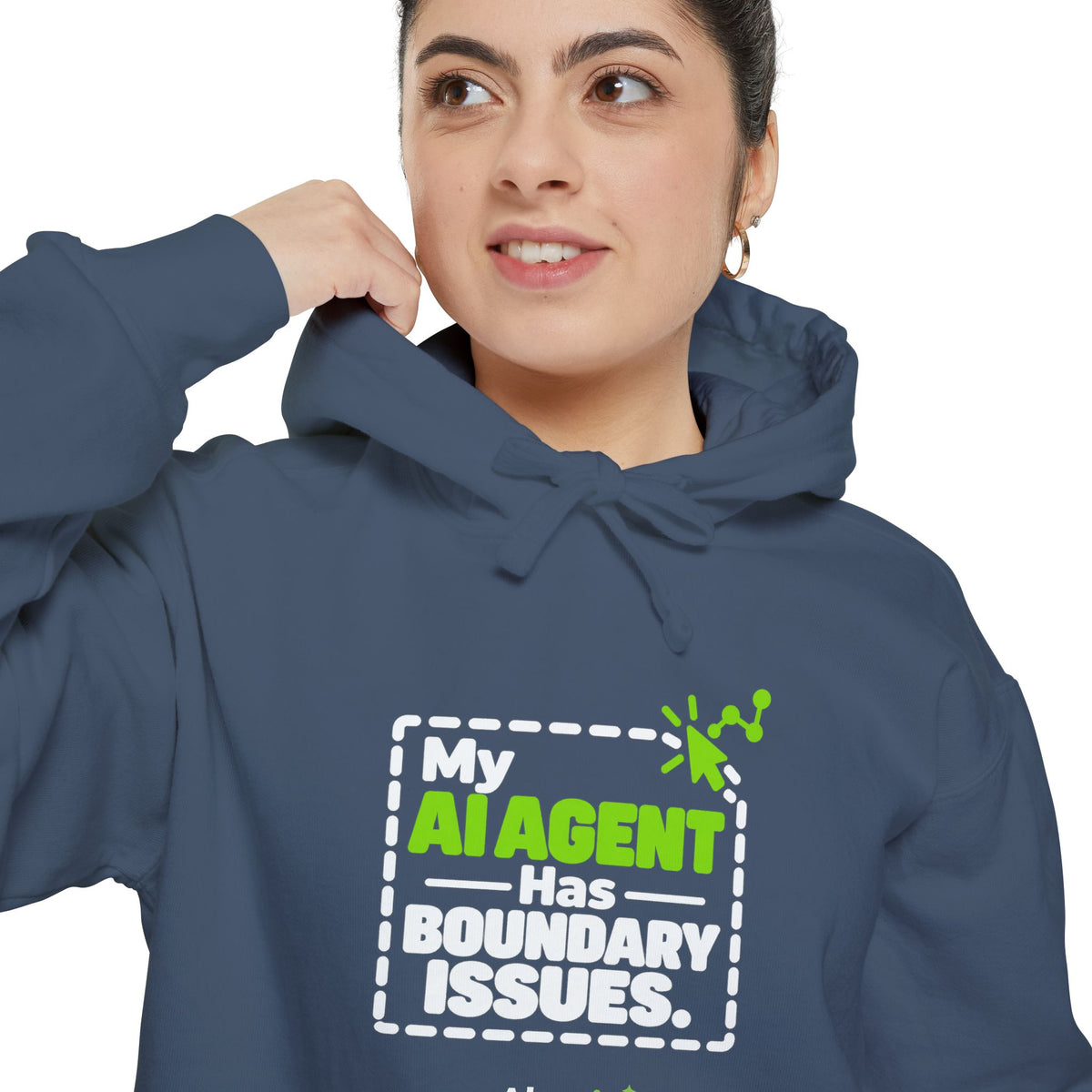 Flo Blue hoodie featuring “My AI agent has boundary issues” AI humor design by AIronic, catalog view 4