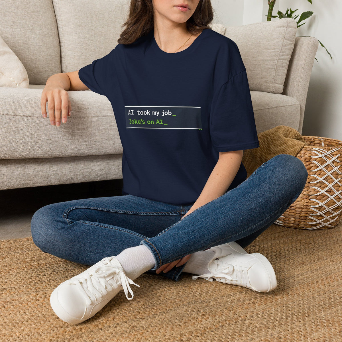 T-Shirt featuring "AI Took My Job - Joke’s on AI" AI humor design by AIronic, gallery view 37