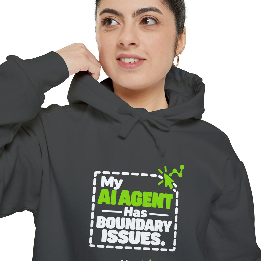 Flo Blue hoodie featuring “My AI agent has boundary issues” AI humor design by AIronic, catalog view 2