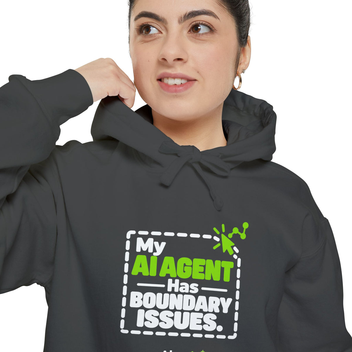 Flo Blue hoodie featuring “My AI agent has boundary issues” AI humor design by AIronic, catalog view 2