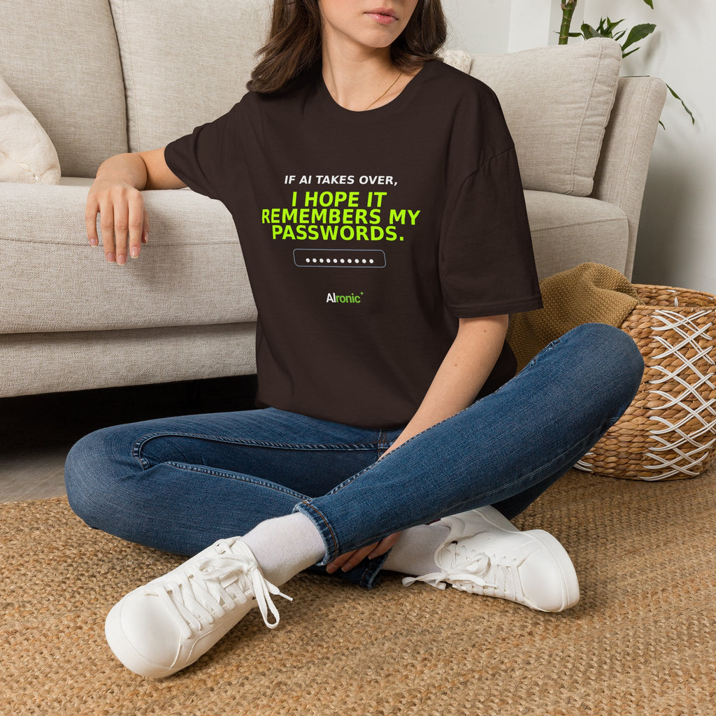 Model wearing Dark Chocolate T-shirt with "I hope AI remembers my passwords" AI humor design by AIronic