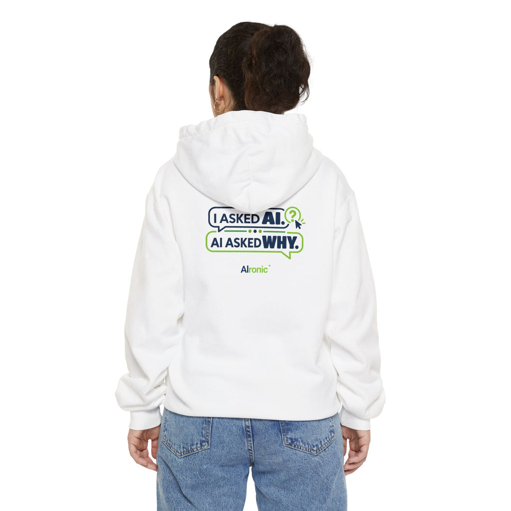 Grey hoodie featuring “I asked AI. AI asked why” AI humor design by AIronic, catalog view 2
