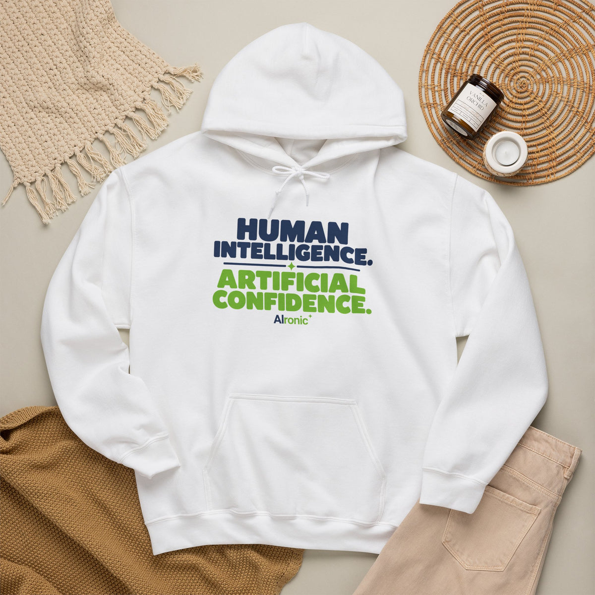 Hoodie featuring "Human Intelligence. Artificial Confidence." AI humor design by AIronic, gallery view 14