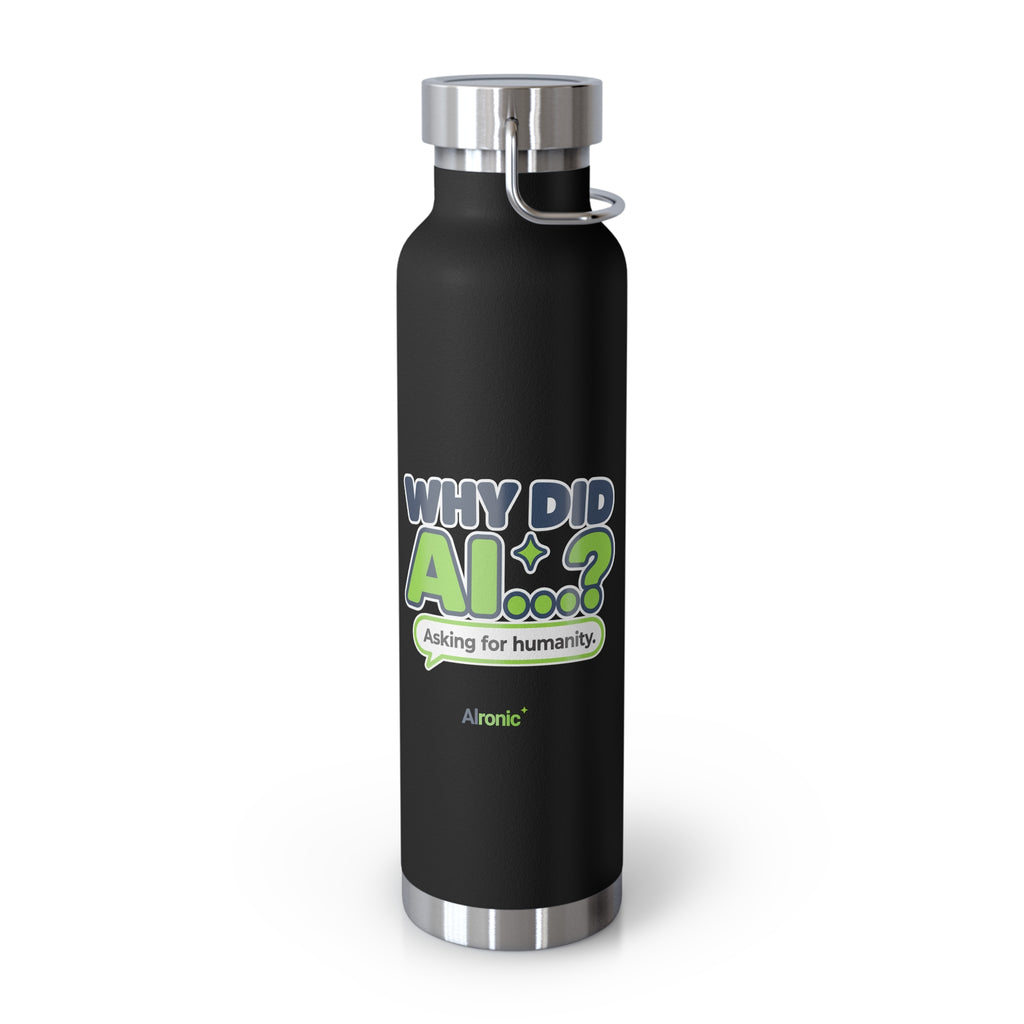 Red water bottle featuring “Why did AI...?” AI humor design by AIronic, catalog view 3