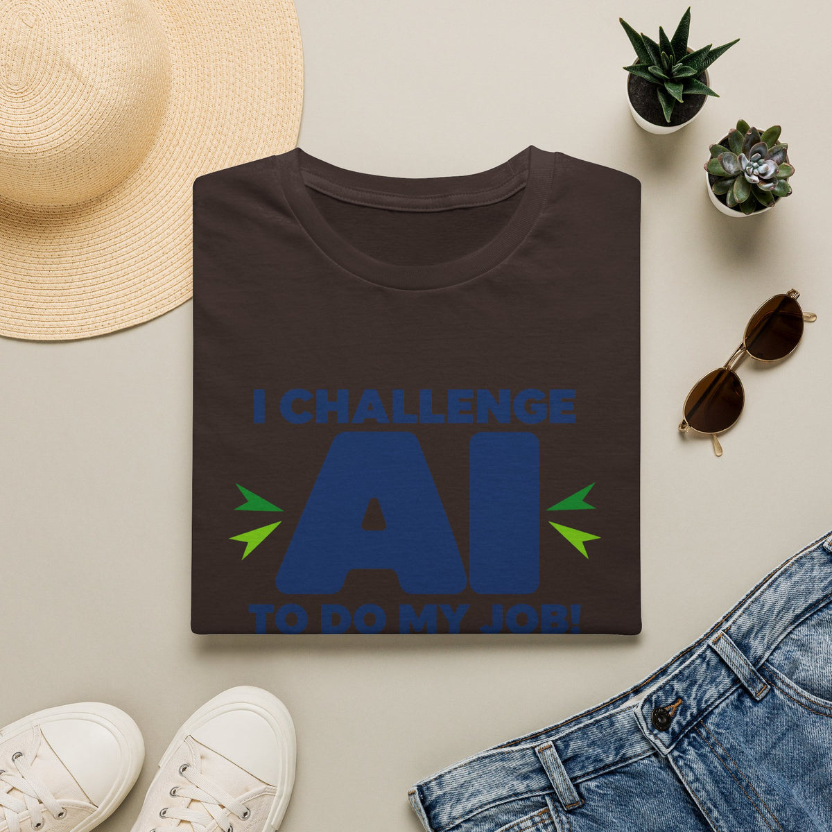Dark Chocolate T-shirt featuring "I Challenge AI to Do My Job" by AIronic, product view 4