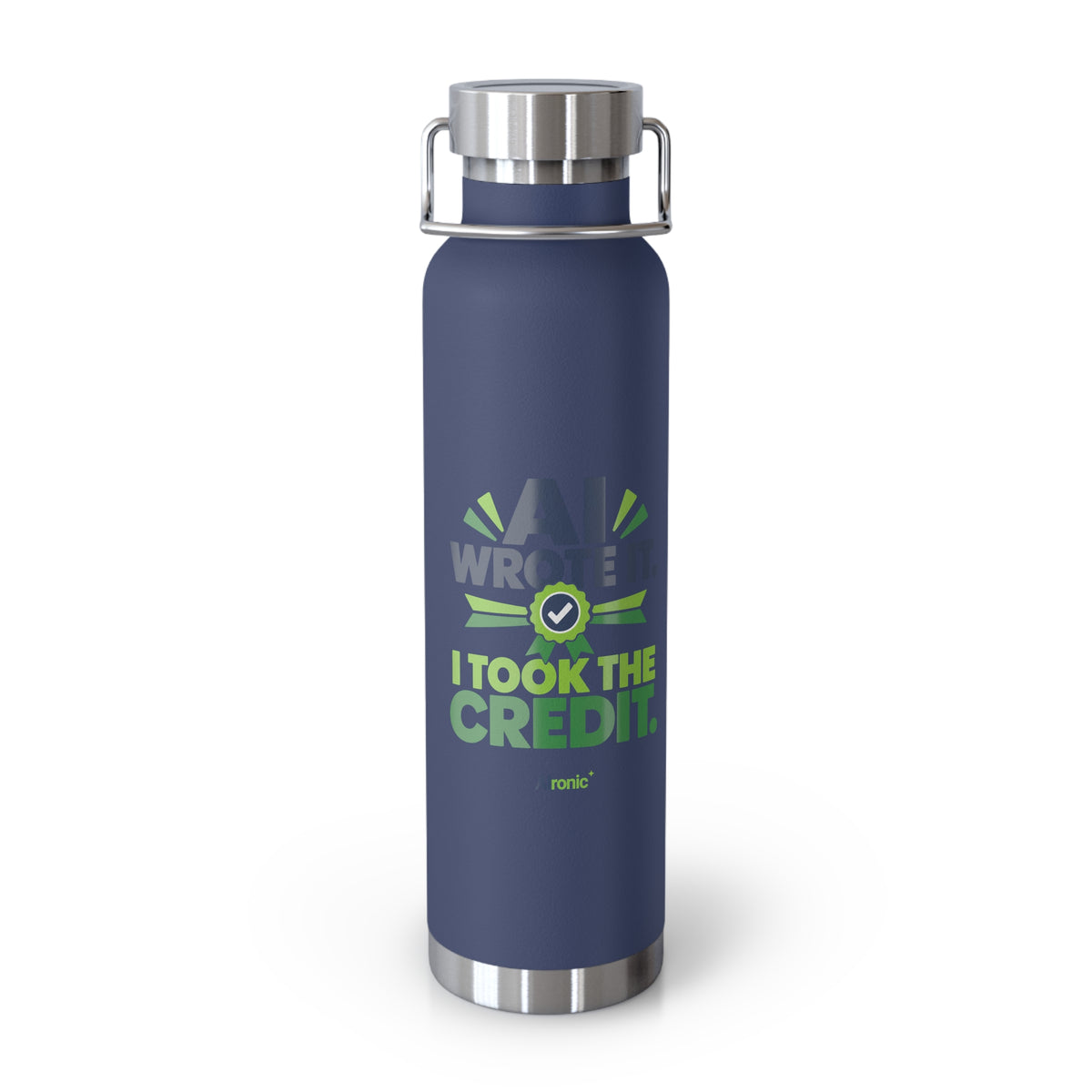 Navy Water Bottle featuring "AI Wrote It. I Took the Credit." AI humor design by AIronic, gallery view 8