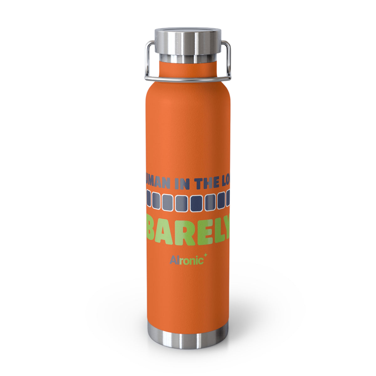 Orange Water Bottle featuring "Human in the Loop. Barely." AI humor design by AIronic, gallery view 5
