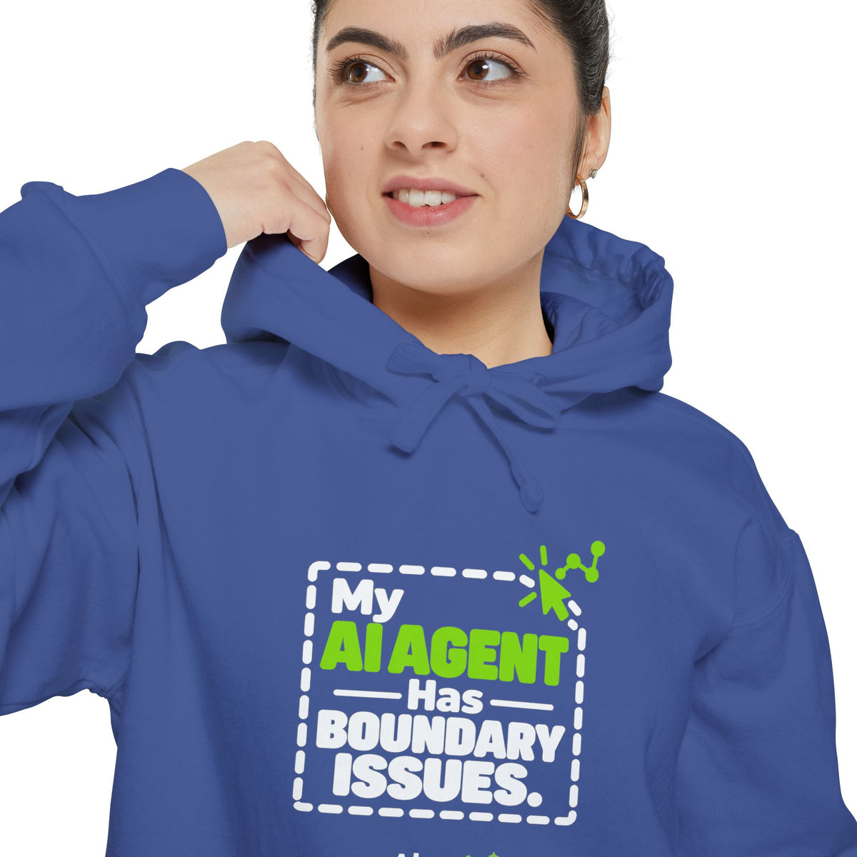 White hoodie featuring “My AI agent has boundary issues” AI humor design by AIronic, catalog view 4