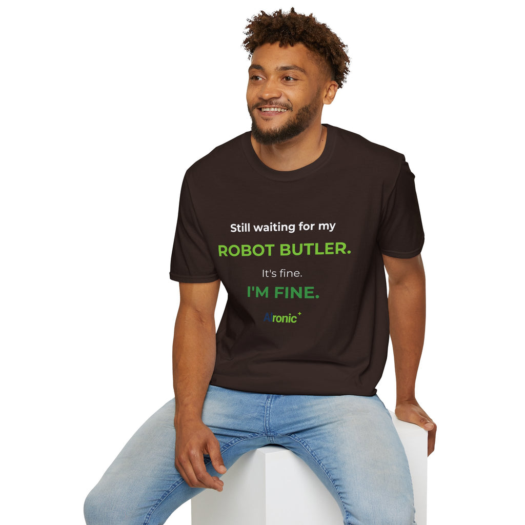 Dark Chocolate T-shirt featuring “Still waiting for my robot butler” AI humor design by AIronic, catalog view 3