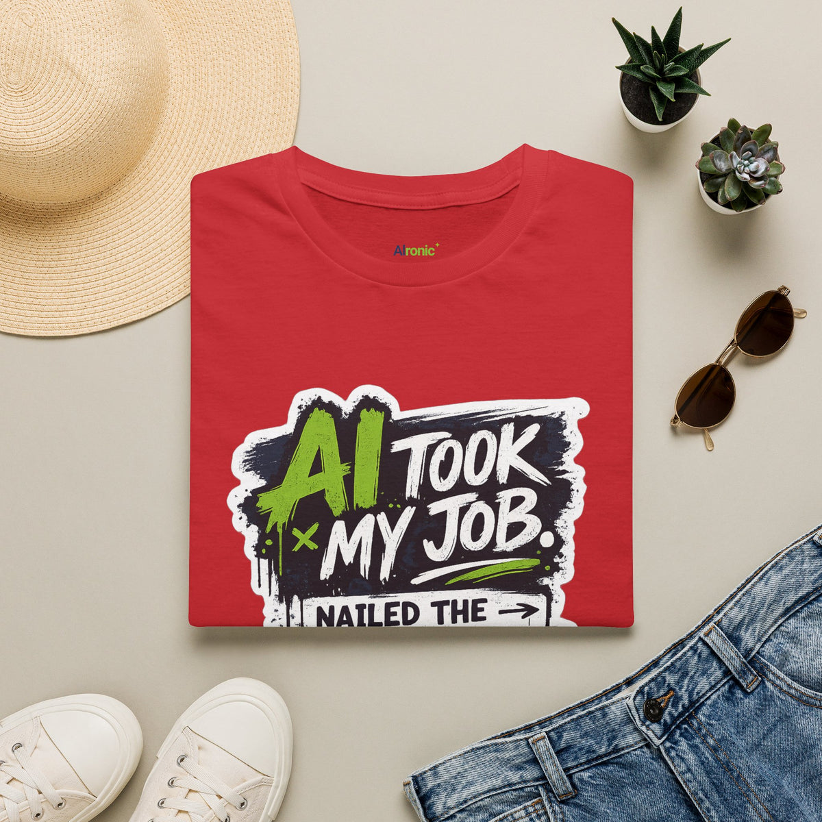 Red T-Shirt featuring "AI Took My Job - Nailed Exit Interview" AI humor design by AIronic, gallery view 12