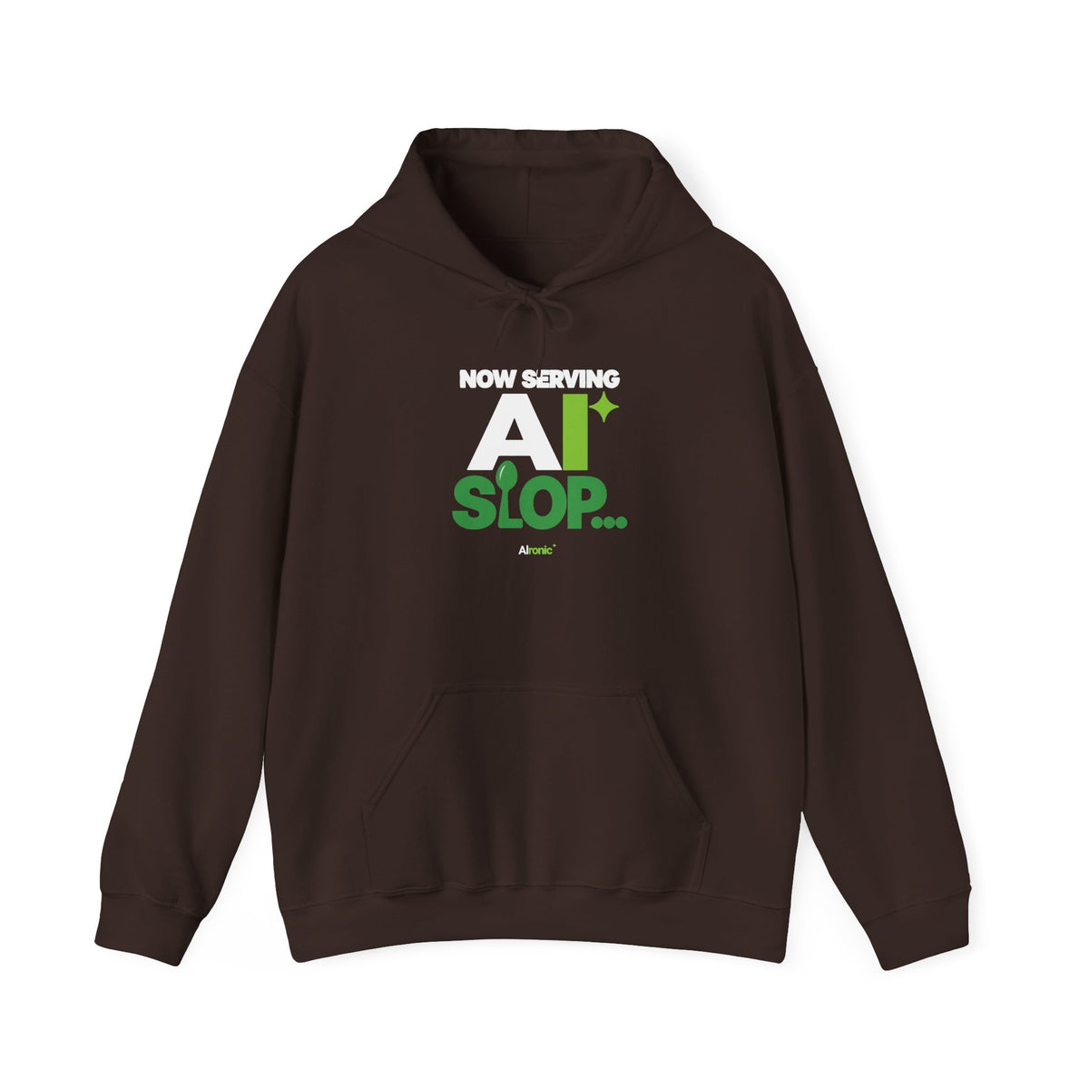 AIronic hoodie featuring "Now Serving AI Slop" AI humor design, gallery view 6