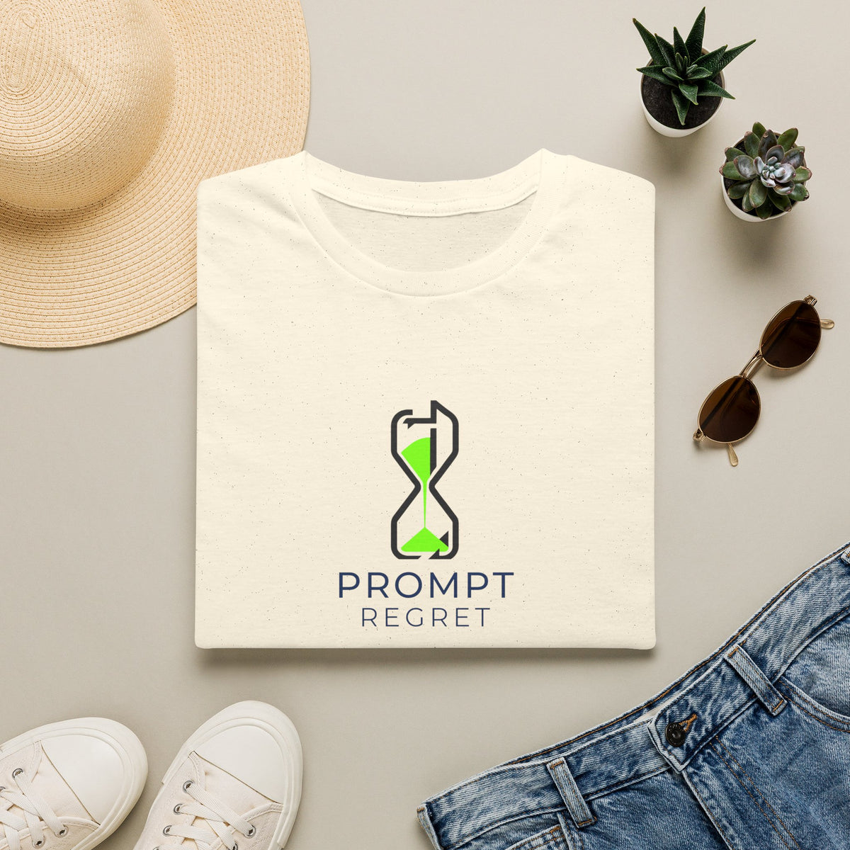 Natural T-Shirt featuring "Prompt Regret Hourglass" AI humor design by AIronic, gallery view 5