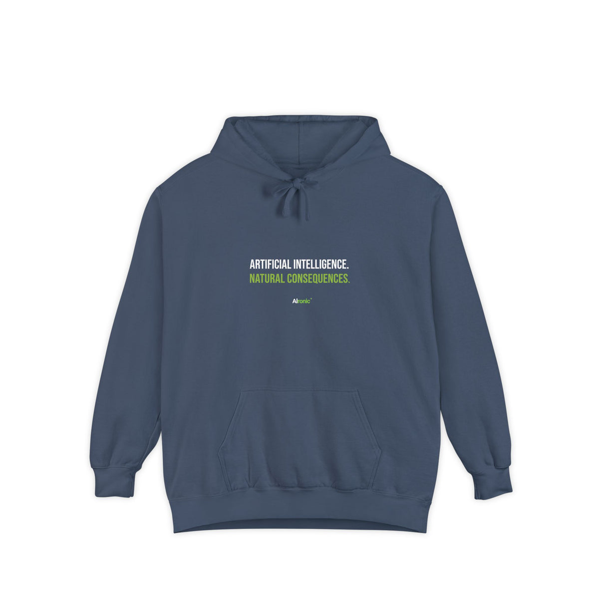 Denim hoodie featuring “Artificial intelligence. Natural consequences.” AI humor design by AIronic, catalog view 1