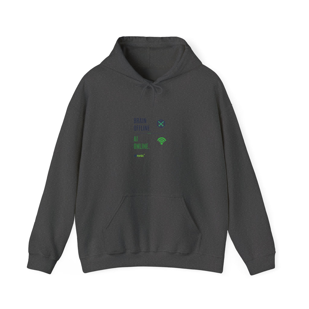 Dark Heather Hoodie featuring "Brain Offline, AI Online" AI humor design by AIronic, gallery view 2