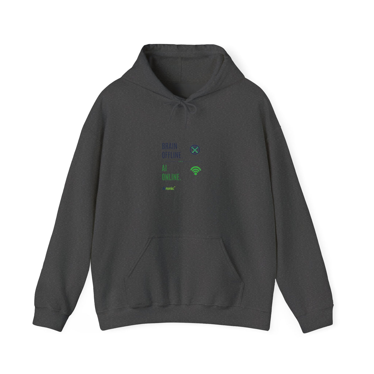 Dark Heather Hoodie featuring "Brain Offline, AI Online" AI humor design by AIronic, gallery view 2