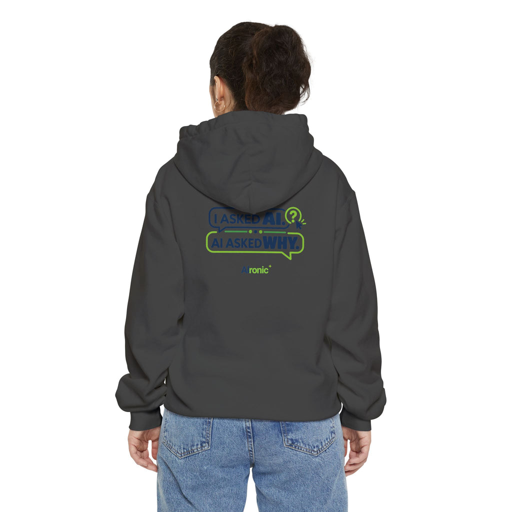 True Navy hoodie featuring “I asked AI. AI asked why” AI humor design by AIronic, catalog view 2