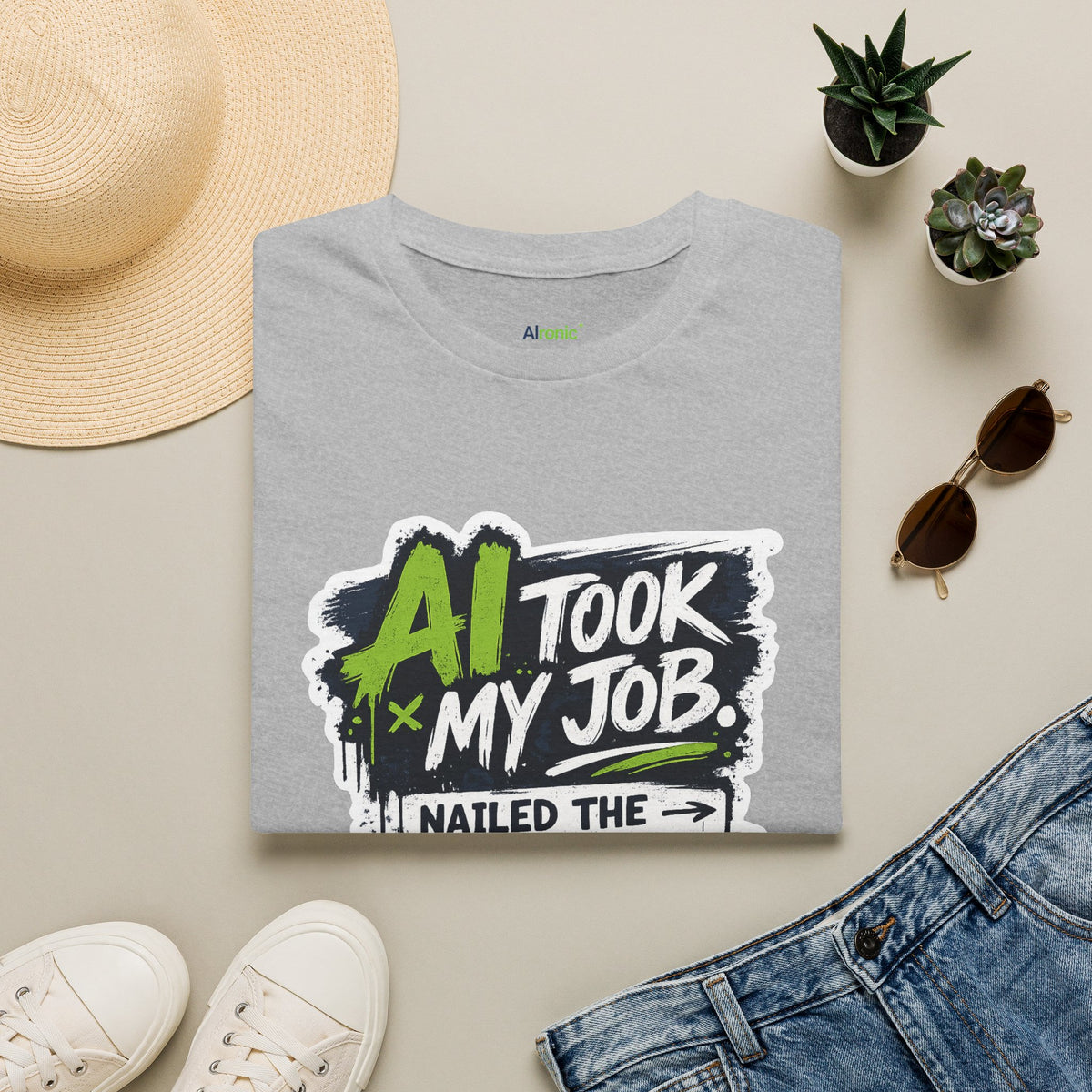 Sport Grey T-Shirt featuring "AI Took My Job - Nailed Exit Interview" AI humor design by AIronic, gallery view 4