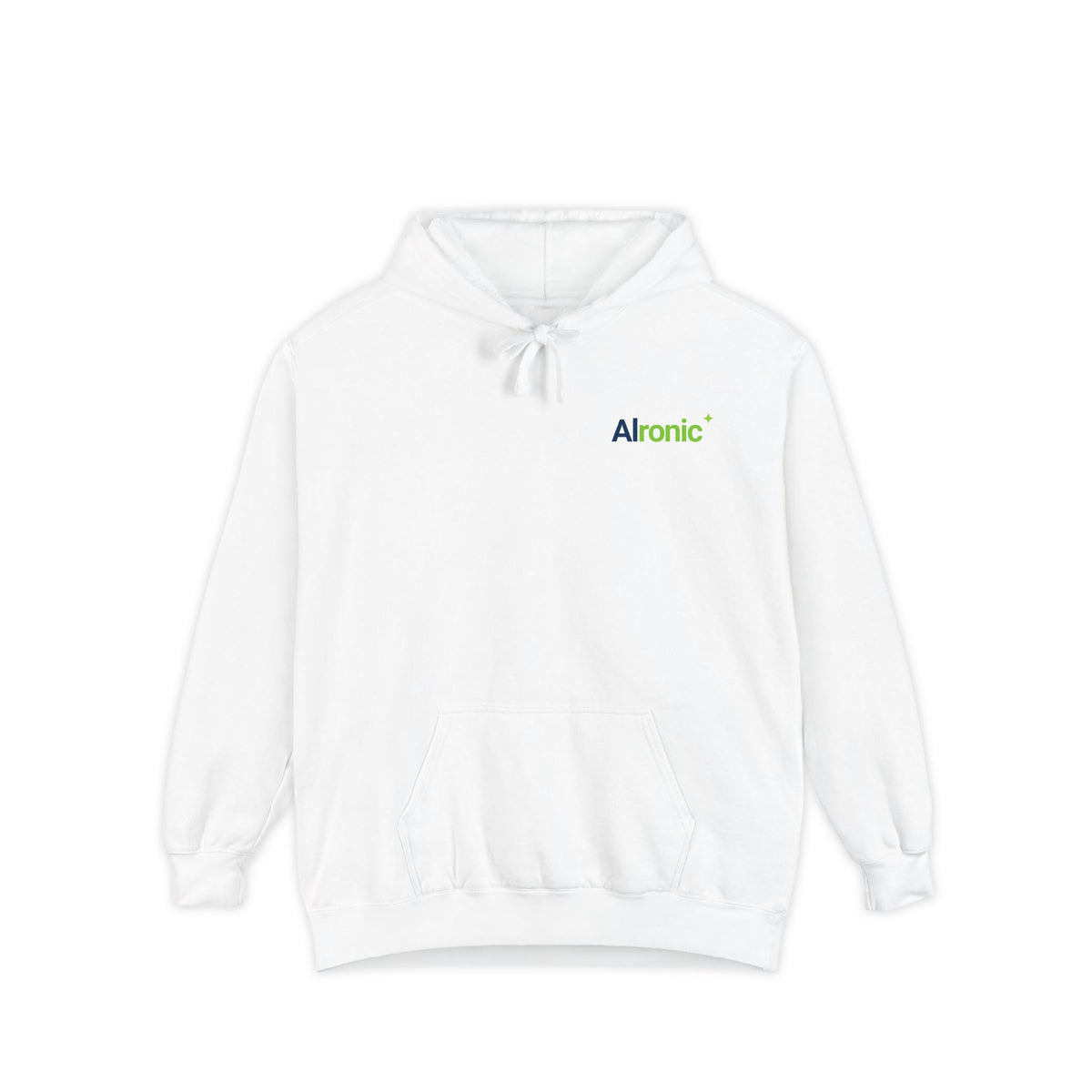 White hoodie featuring “I asked AI. AI asked why” AI humor design by AIronic, catalog view 1
