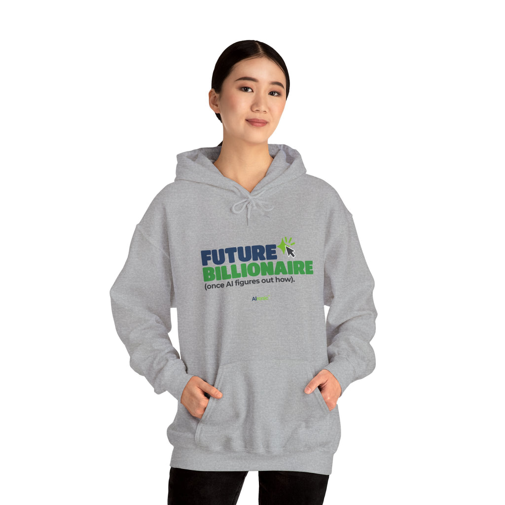 Sand hoodie featuring “Future billionaire, once AI figures out how” AI humor design by AIronic, catalog view 3