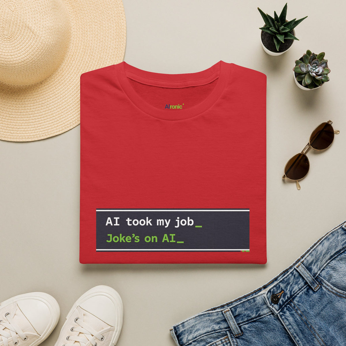 Red T-Shirt featuring "AI Took My Job - Joke’s on AI" AI humor design by AIronic, gallery view 12