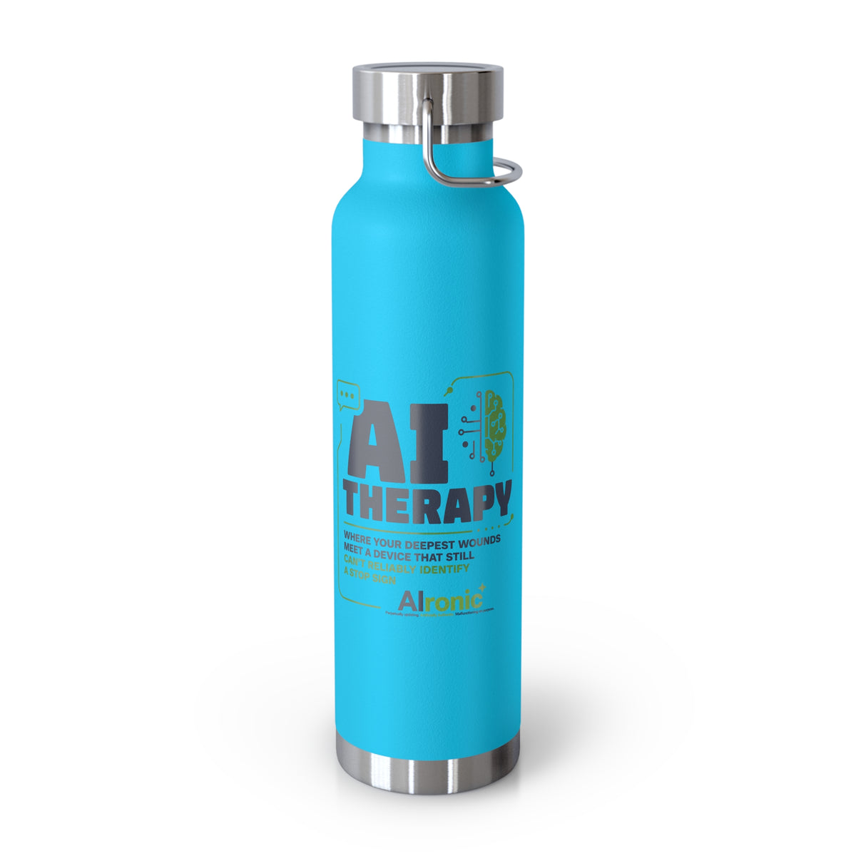 Pebble Blue Water Bottle featuring "AI Therapy" AI humor design by AIronic, gallery view 7