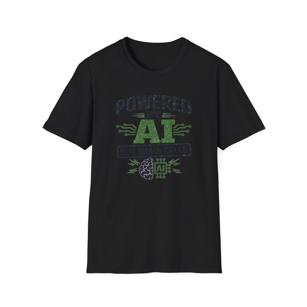 T-Shirt featuring "Powered by AI" AI humor design by AIronic, gallery view 17