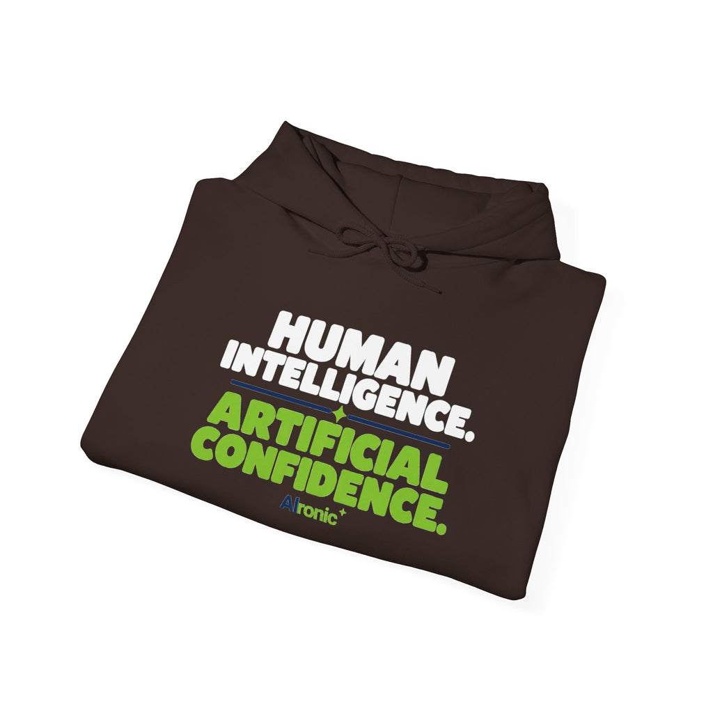 Hoodie featuring "Human Intelligence. Artificial Confidence." AI humor design by AIronic, gallery view 19