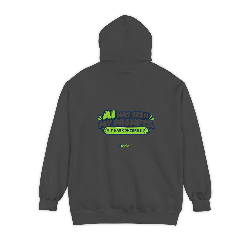 Flo Blue hoodie featuring “AI has seen my prompts. It has concerns” AI humor design by AIronic, catalog view 2