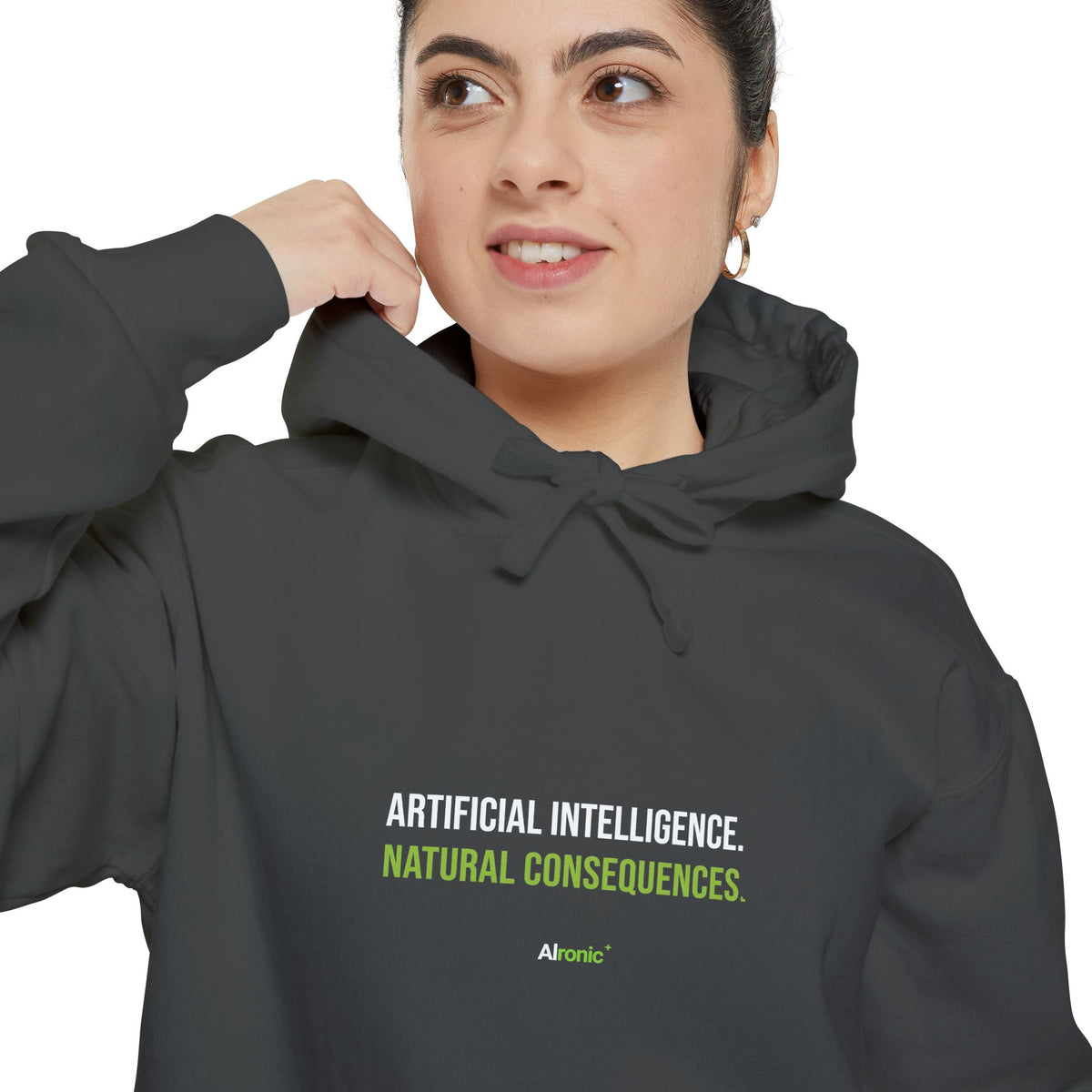 Denim hoodie featuring “Artificial intelligence. Natural consequences.” AI humor design by AIronic, catalog view 2