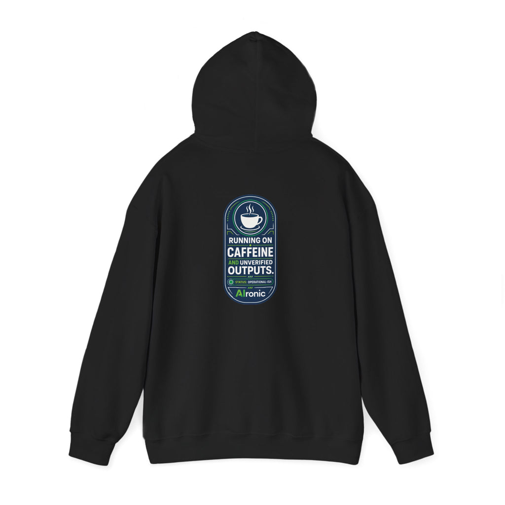Hoodie featuring “Running on Caffeine, Unrivaled Outputs” AI humor design by AIronic, gallery view 17