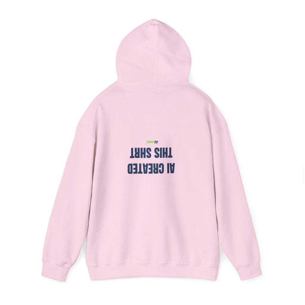 Light Blue hoodie featuring minimal “AI created this shirt” AI humor design by AIronic, catalog view 4
