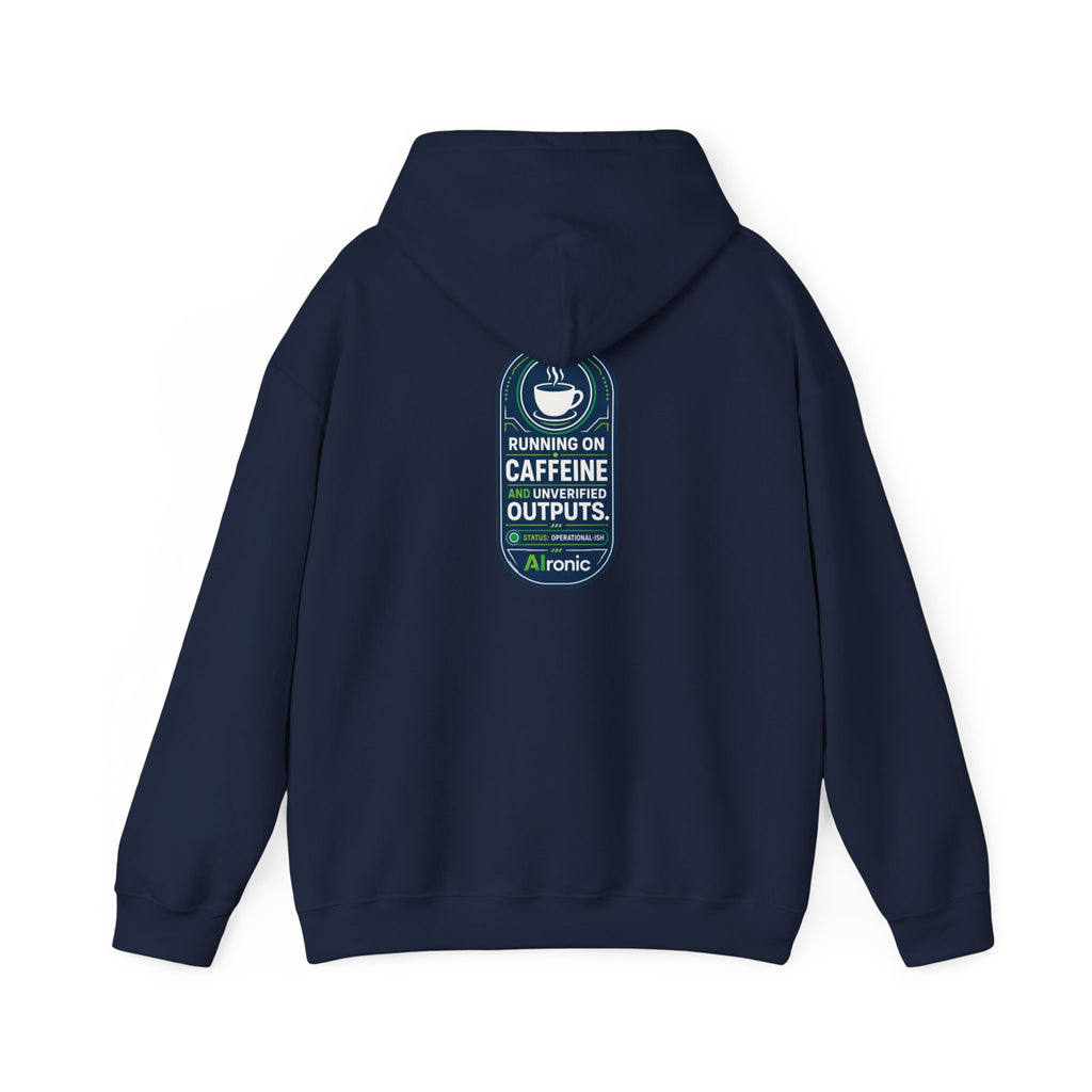 Hoodie featuring “Running on Caffeine, Unrivaled Outputs” AI humor design by AIronic, gallery view 40