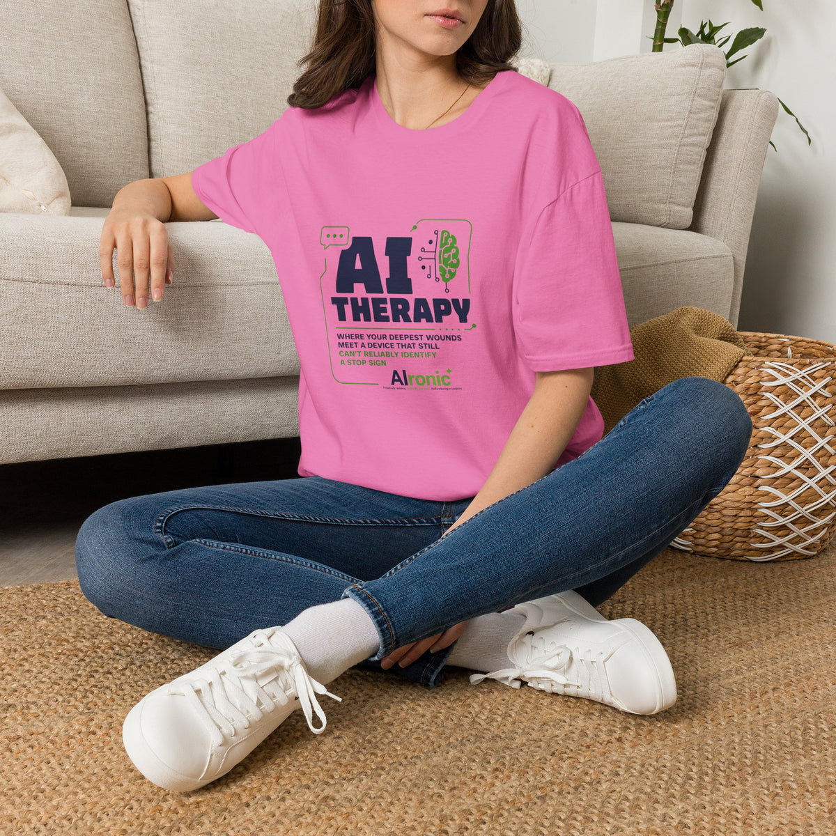 T-Shirt featuring "AI Therapy" AI humor design by AIronic, gallery view 40