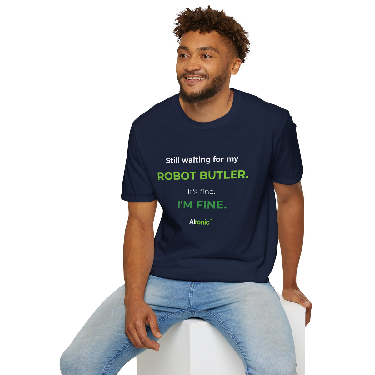 Military Green T-shirt featuring “Still waiting for my robot butler” AI humor design by AIronic, catalog view 5