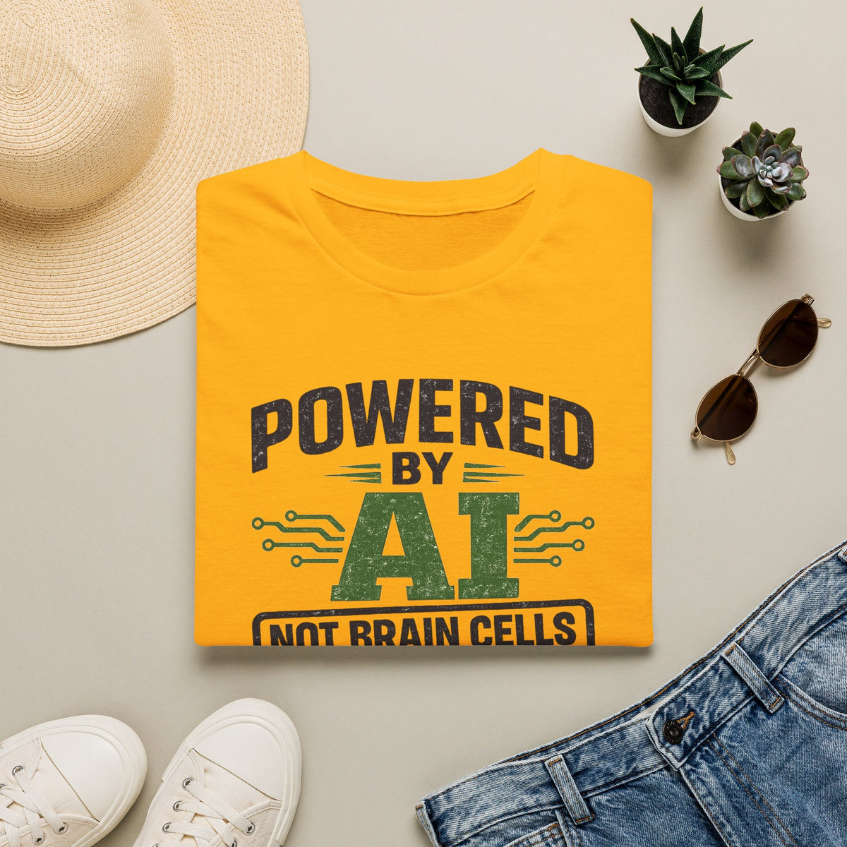Gold T-Shirt featuring "Powered by AI" AI humor design by AIronic, gallery view 5