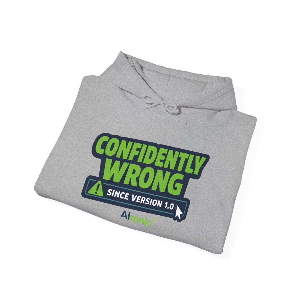 Hoodie featuring “Confidently Wrong Since Version 1.0” AI humor design by AIronic, gallery view 24