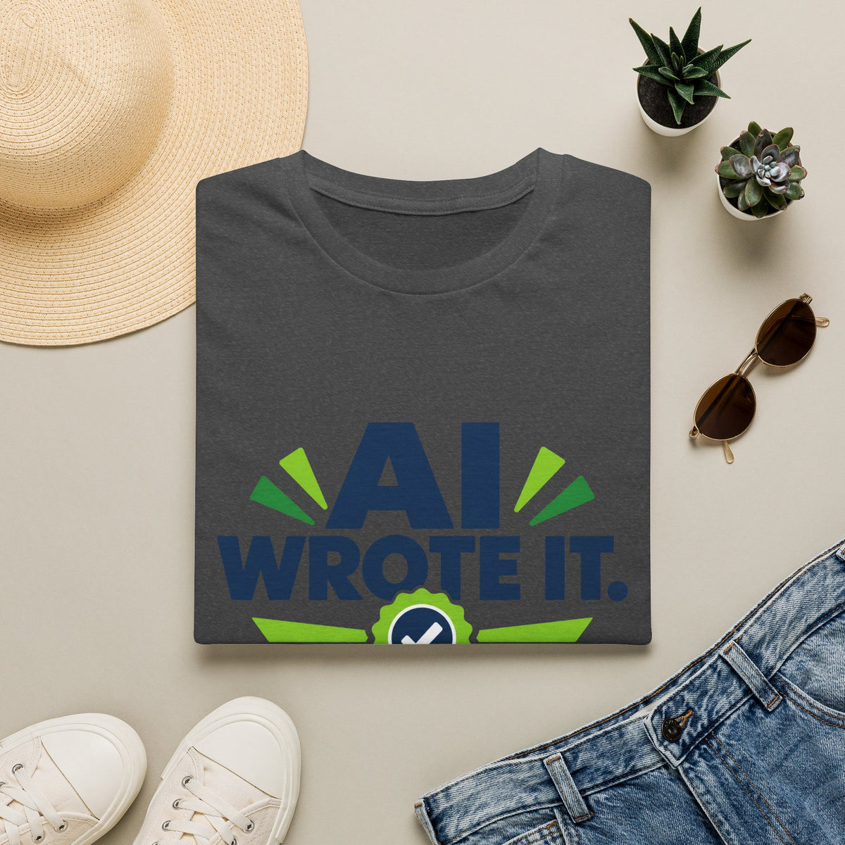 Dark Heather T-Shirt featuring "AI Wrote It. I Took the Credit." AI humor design by AIronic, gallery view 7
