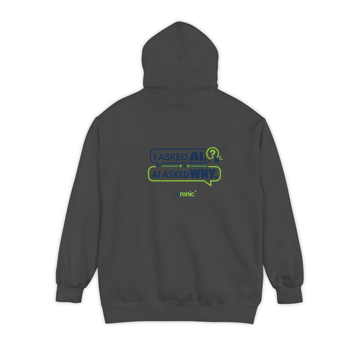 Denim hoodie featuring “I asked AI. AI asked why” AI humor design by AIronic, catalog view 2
