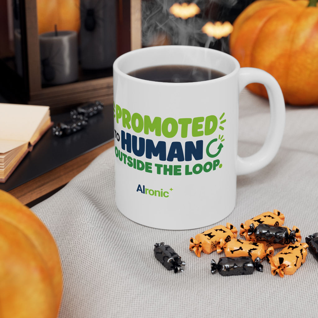 AIronic mug featuring “Promoted to Human Outside the Loop” AI humor design, gallery view 6