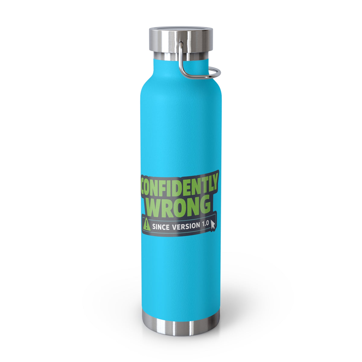 Pebble Blue Water Bottle featuring "Confidently Wrong" AI humor design by AIronic, gallery view 7